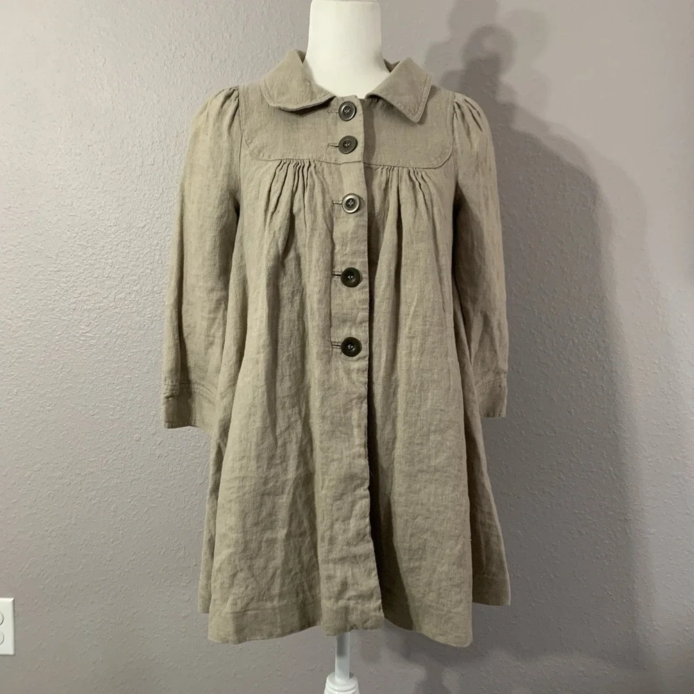 H&M 100% Linen Size 4 Swing Chore Jacket Long Sleeve Button Front Lined Pockets‎